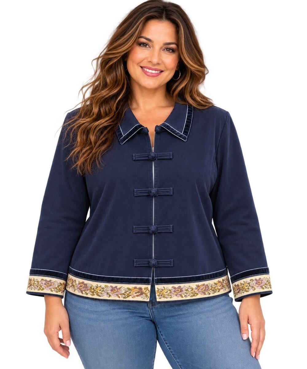 Amanda Smith Petite Jacket 12P Navy Asian Frog Closure Floral Trim Velvet